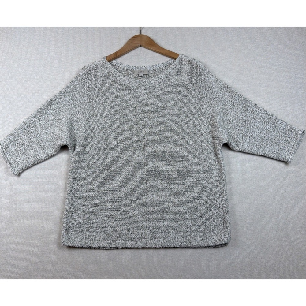 LOFT Outlet Knit Pullover Top Sweater Size L Gray Ivory 3/4 Career Cotton Blend - Picture 13 of 16
